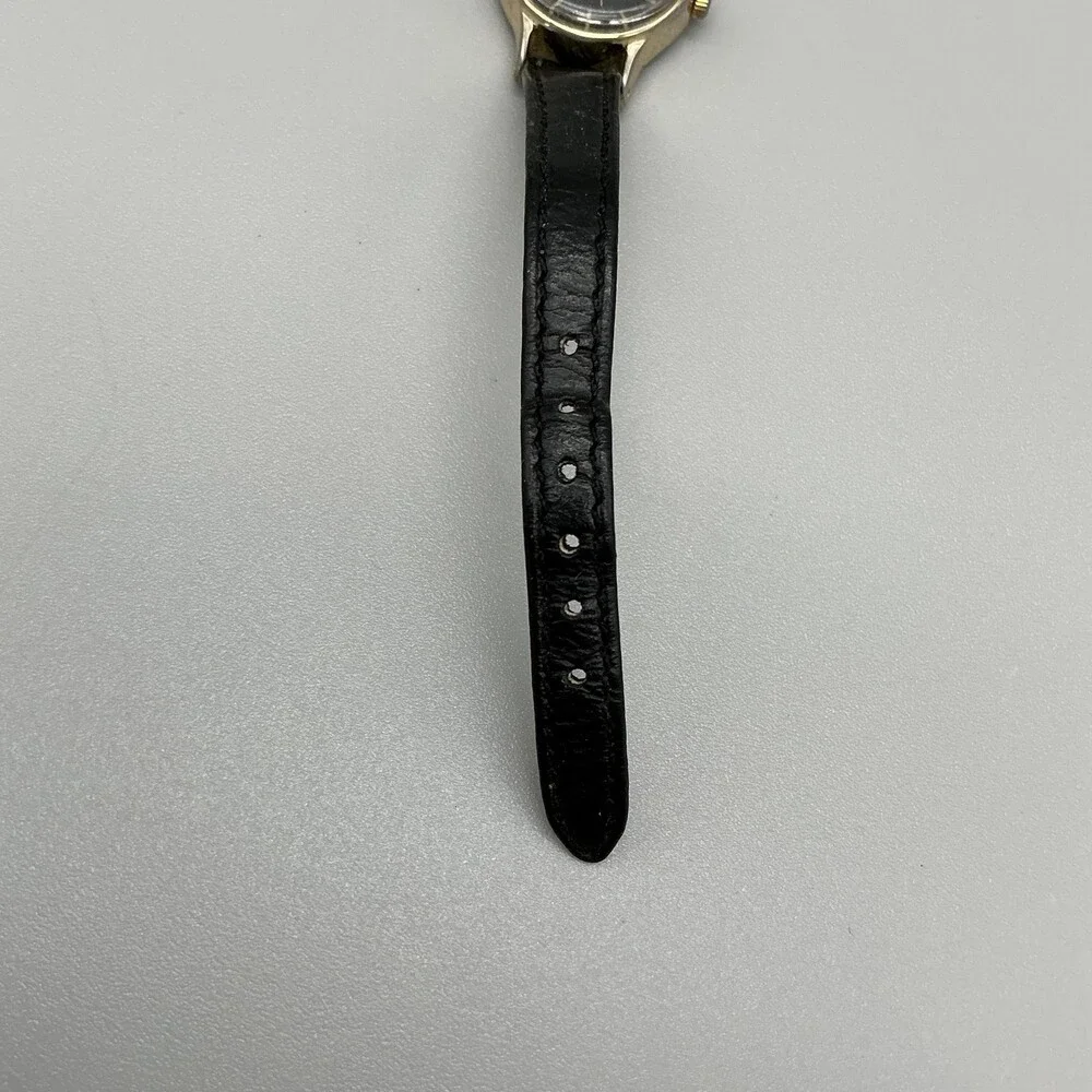 Vintage Q&Q Womens Watch 22mm Black Dial Gold Tone Manual Wind Leather Strap